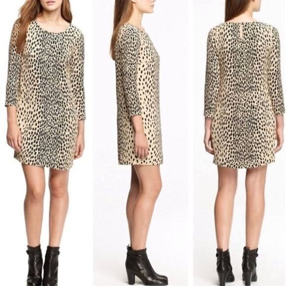 J. Crew Tan And Black Leopard Print Long Sleeve Pocket Front Shift Dress Size 4 - Picture 1 of 10